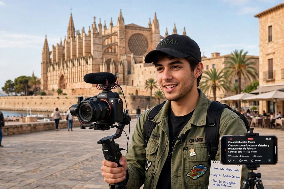 Joven grabando un vídeo para un comercio local frente a la Catedral de Palma