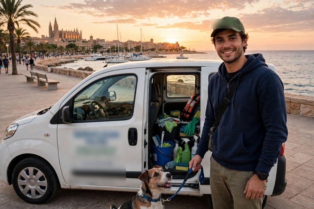 Joven con su furgoneta de limpieza abierta y su perro en el paseo marítimo de Palma, con barcos y la Catedral al fondo
