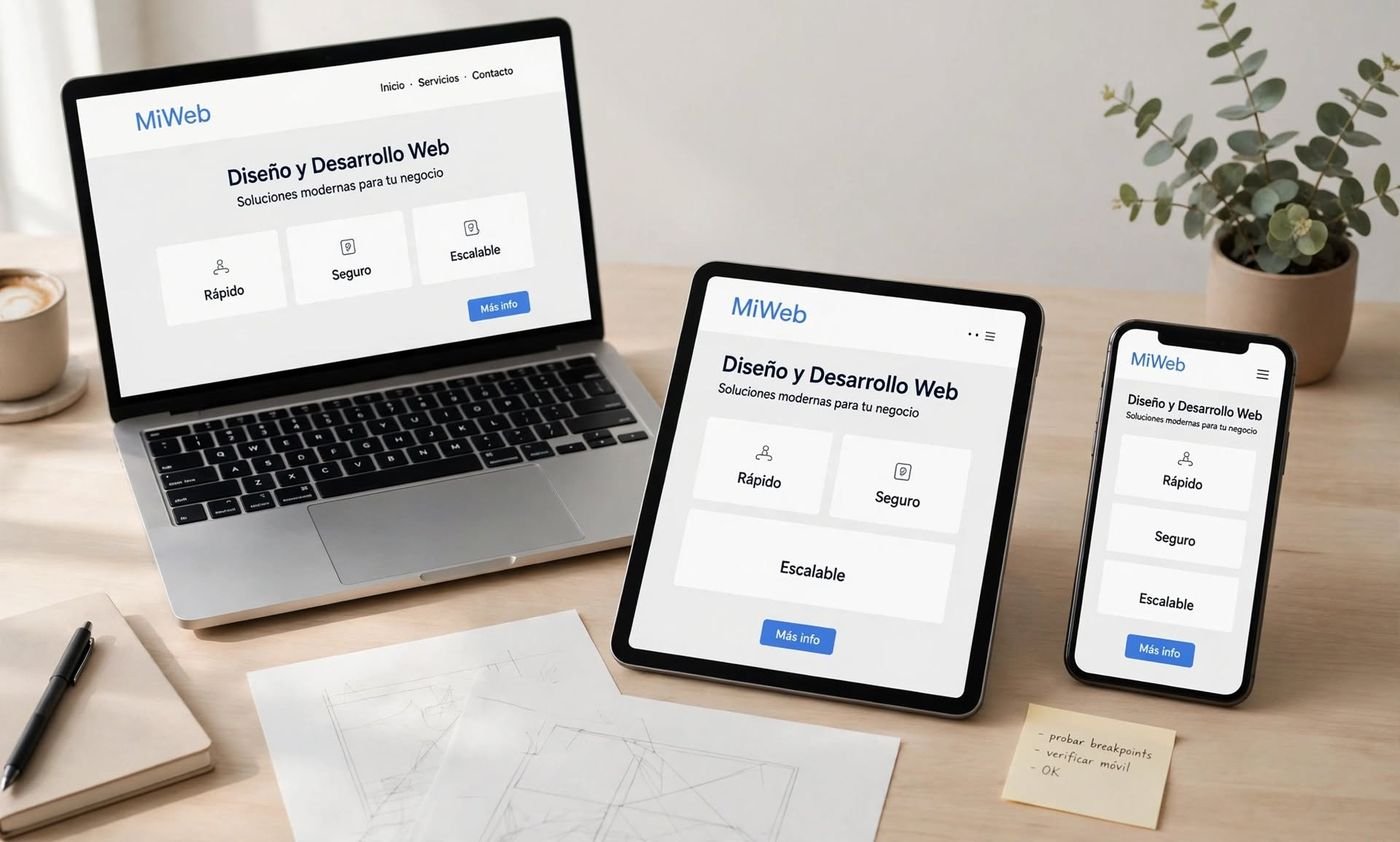 Una misma web mostrada en un portátil, una tablet y un móvil, con el diseño reorganizado para cada pantalla