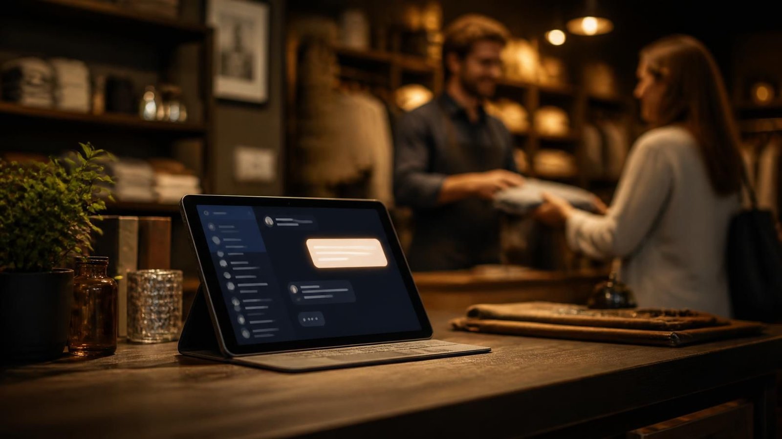 Tablet con el chat de un asistente virtual sobre el mostrador de una tienda, mientras el dueño atiende a un cliente