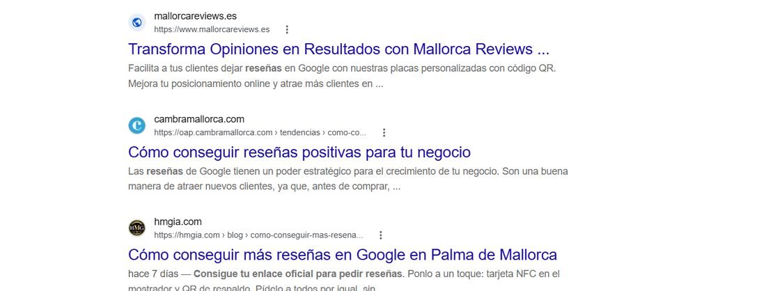 Resultados de Google para «conseguir reseñas en mallorca» con un artículo de hmgia.com en tercera posición