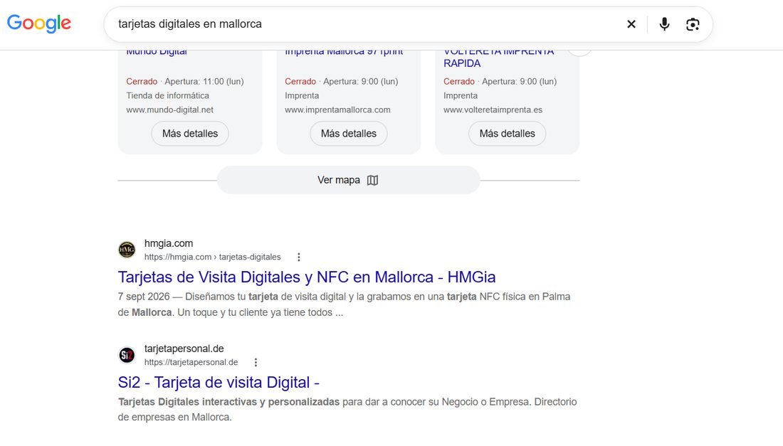 Resultados de Google para «tarjetas digitales en mallorca» con hmgia.com como primer resultado web tras el bloque de mapa