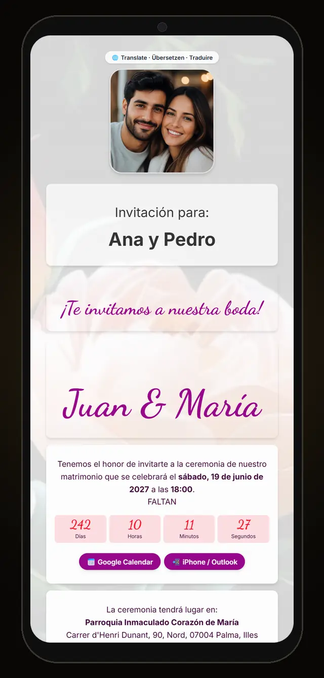 Invitación web de boda de ejemplo en el móvil: «Invitación para: Ana y Pedro», foto de los novios y botón de traducción