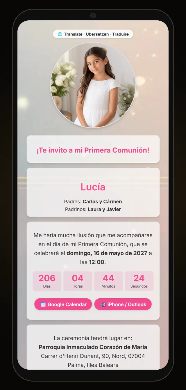 Invitación web de Primera Comunión de ejemplo en el móvil: «¡Te invito a mi Primera Comunión!», foto de la niña, fecha y cuenta atrás