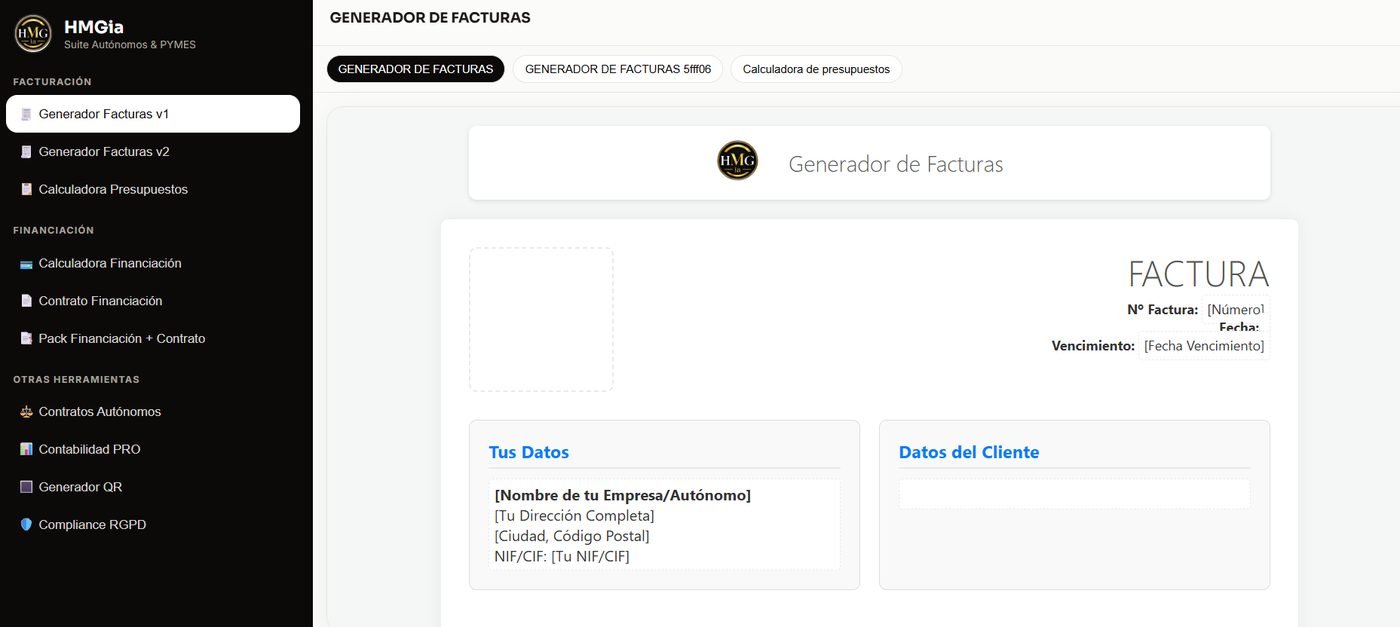 Panel de la Suite HMGia con el Generador de Facturas abierto