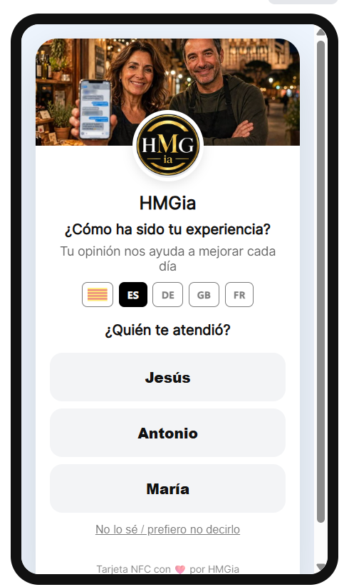 Landing NFC preguntando quién atendió al cliente, con selector de idioma