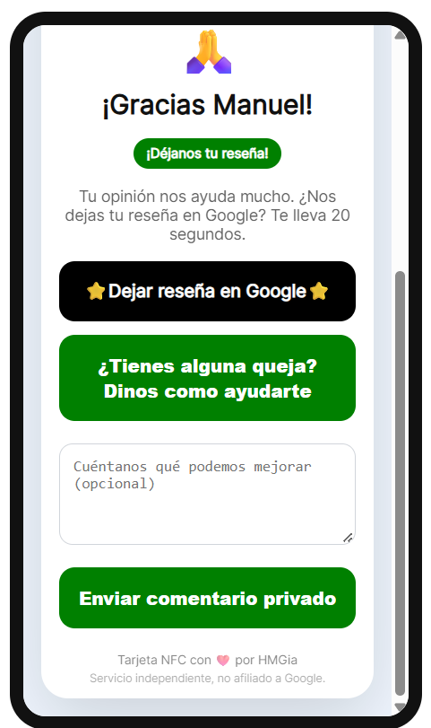 Landing NFC: pantalla de agradecimiento con botón de Google y canal privado de WhatsApp