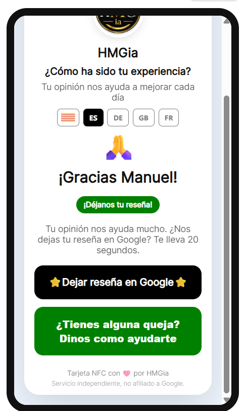 Captura real de la landing NFC: selector de idioma y mensaje de agradecimiento con botón de Google