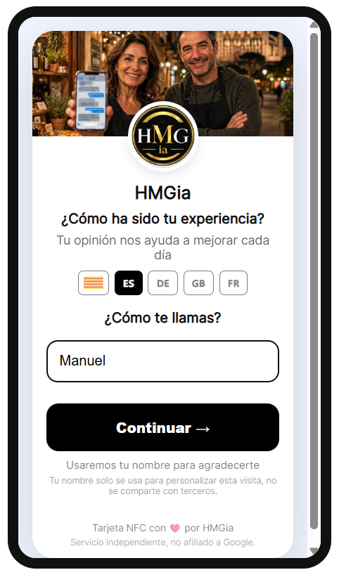 Landing NFC pidiendo el nombre del cliente antes de agradecer